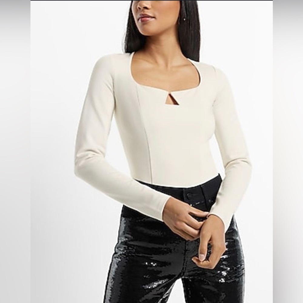 Express Fitted V-Wire Ponte Long Sleeve Thong Bodysuit